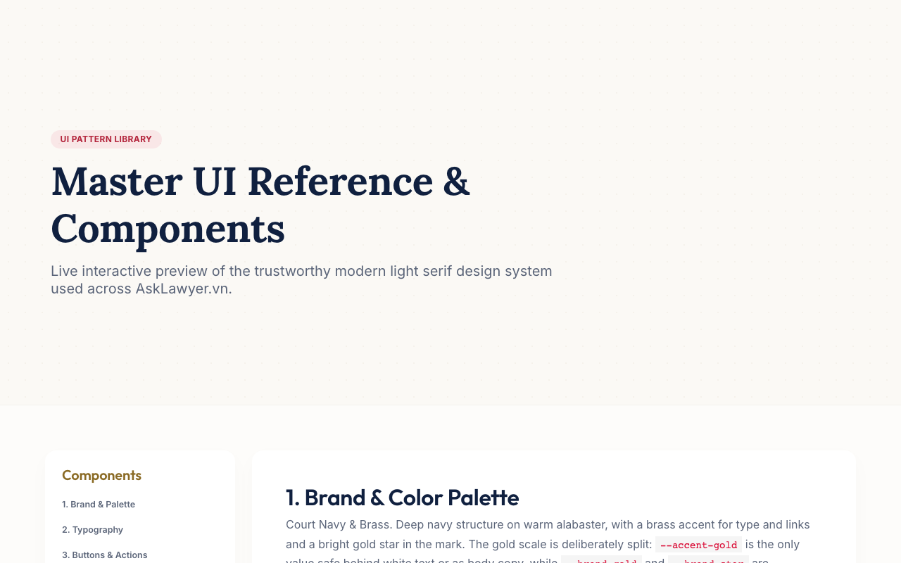 AskLawyer.vn Master Stylesheet preview showcasing brand palette and component library