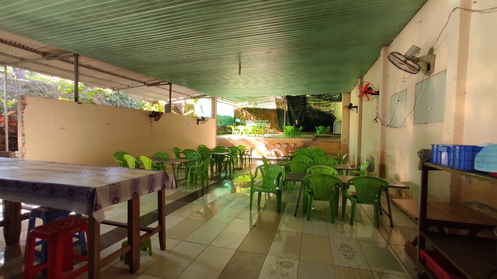 Covered dining hall tables at the temple